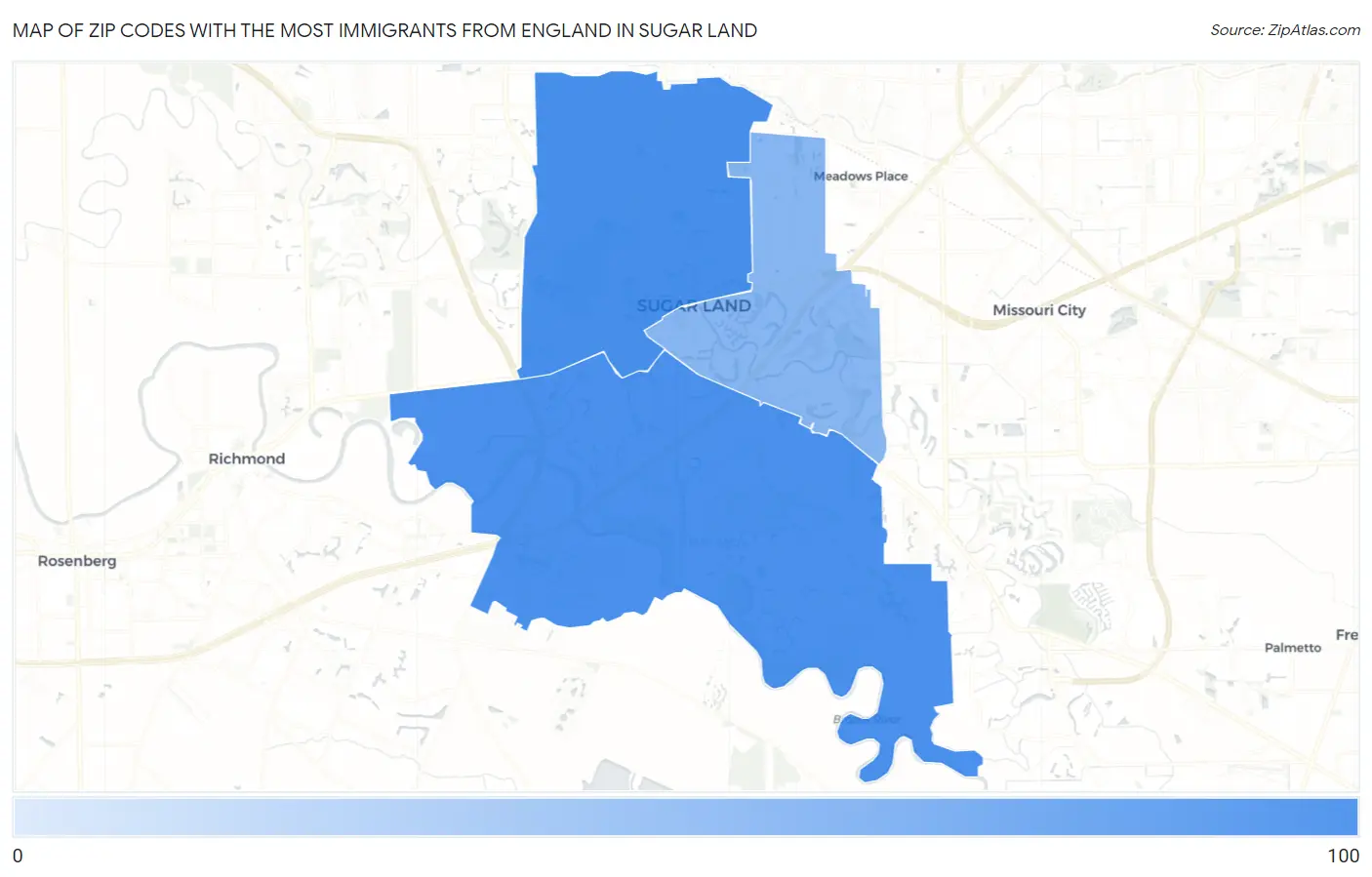 Zip Codes with the Most Immigrants from England in Sugar Land Map