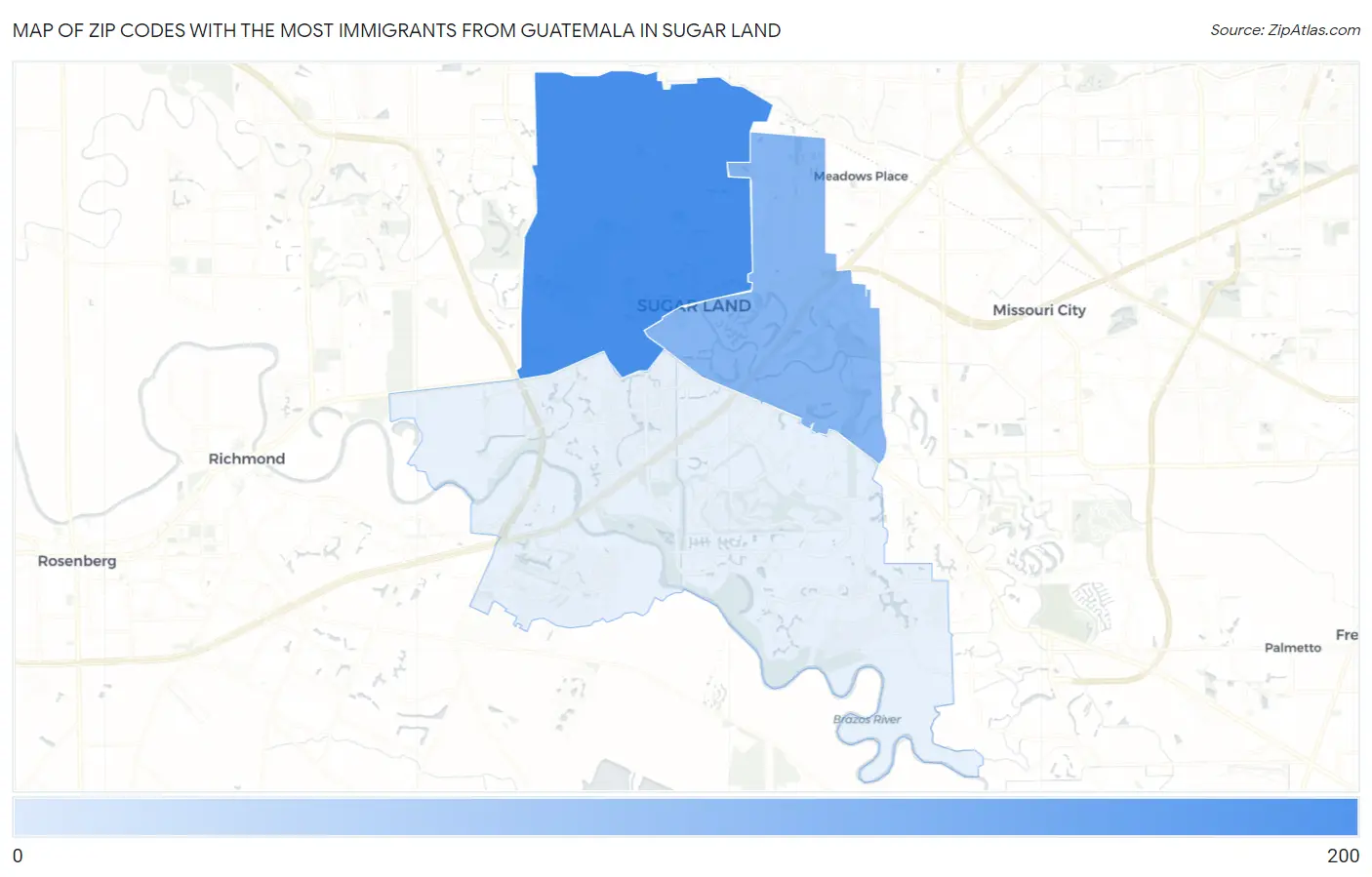 Zip Codes with the Most Immigrants from Guatemala in Sugar Land Map