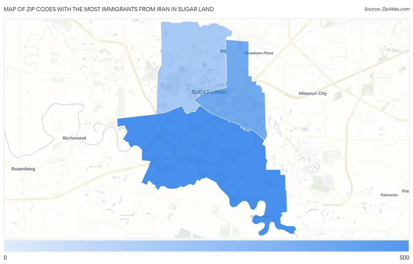 Zip Codes with the Most Immigrants from Iran in Sugar Land Map