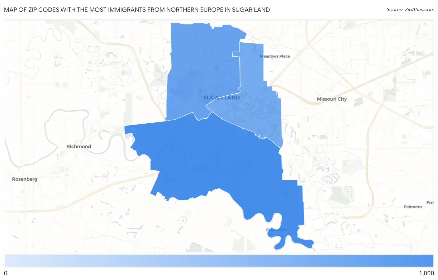 Zip Codes with the Most Immigrants from Northern Europe in Sugar Land Map