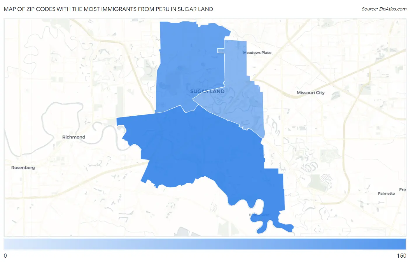 Zip Codes with the Most Immigrants from Peru in Sugar Land Map