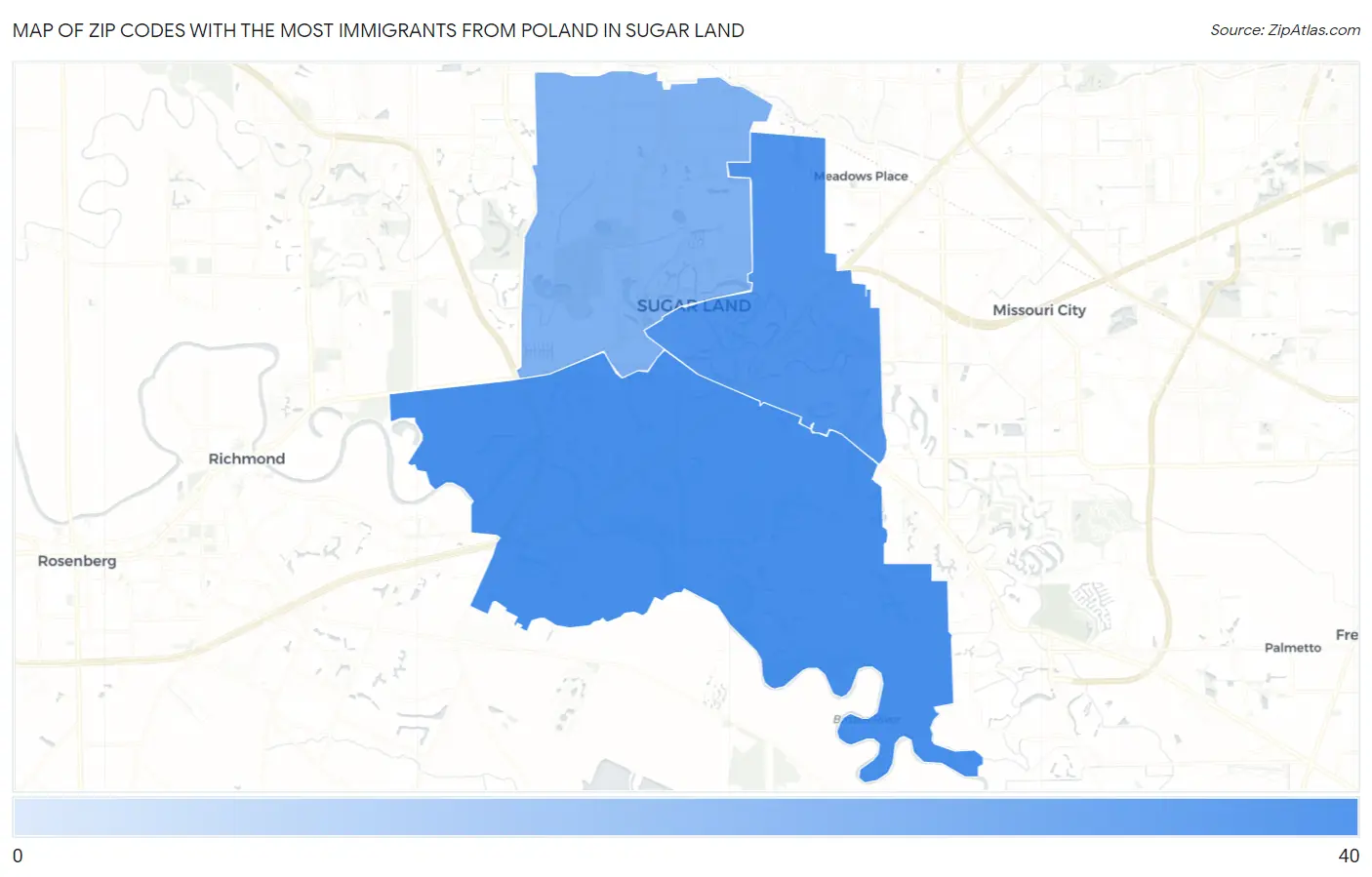 Zip Codes with the Most Immigrants from Poland in Sugar Land Map