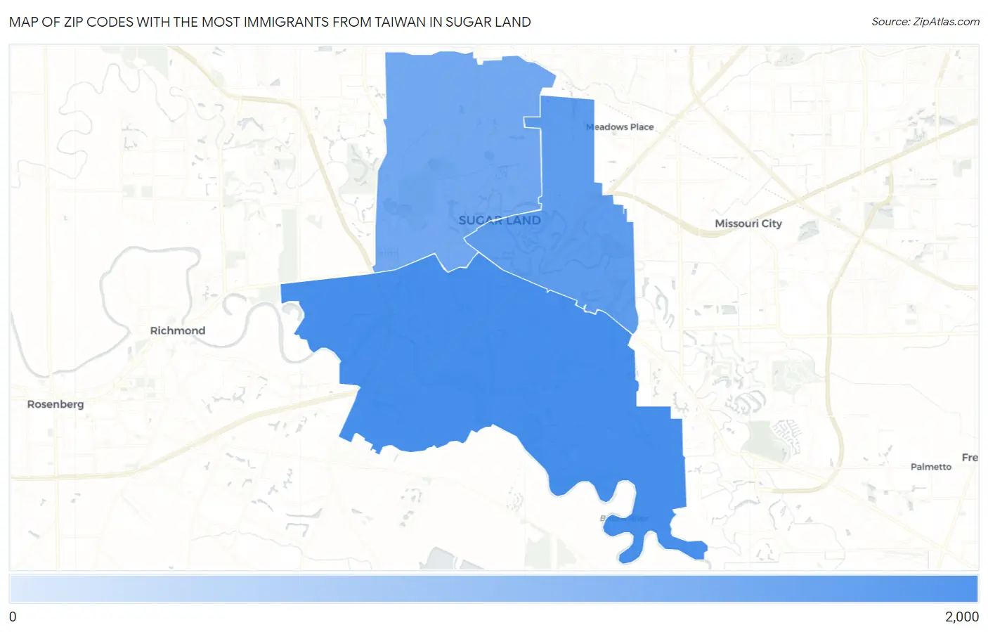 Zip Codes with the Most Immigrants from Taiwan in Sugar Land Map