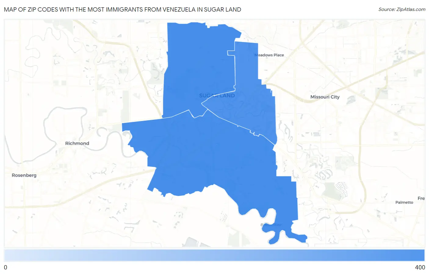 Zip Codes with the Most Immigrants from Venezuela in Sugar Land Map
