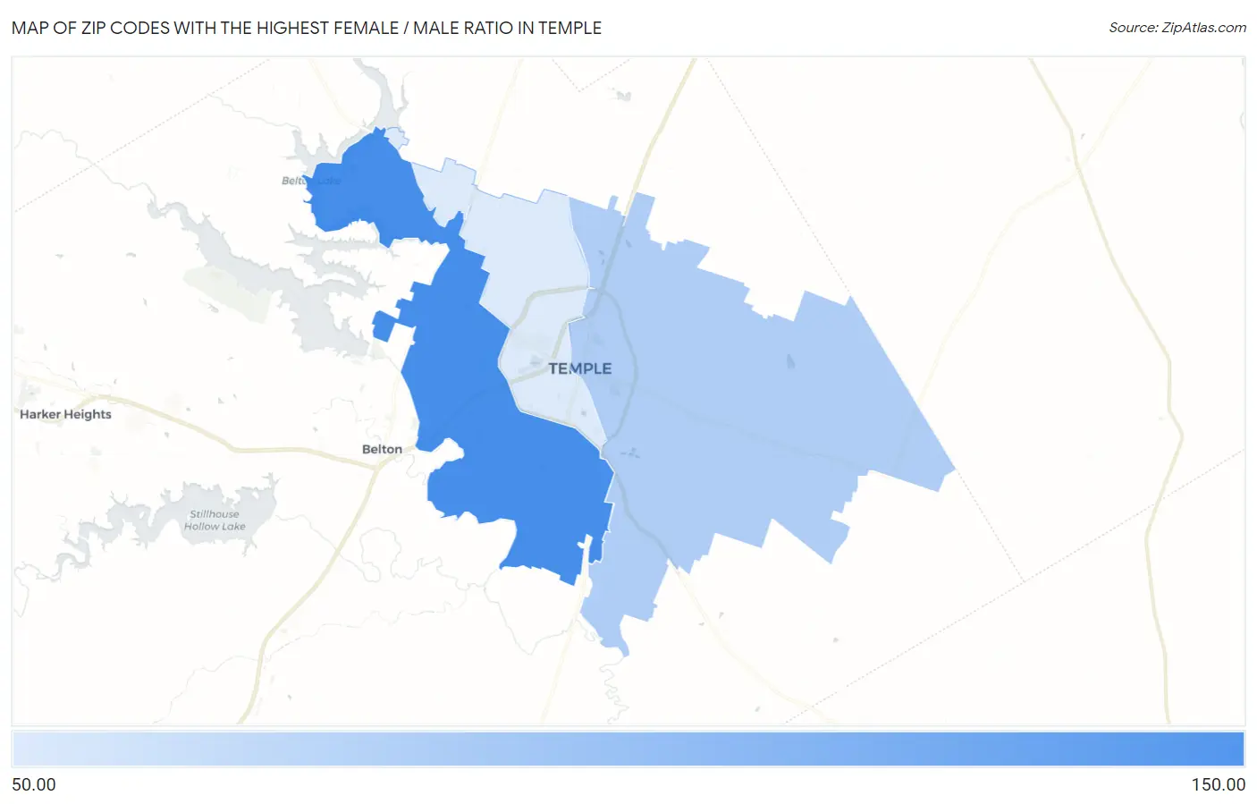 Zip Codes with the Highest Female / Male Ratio in Temple Map