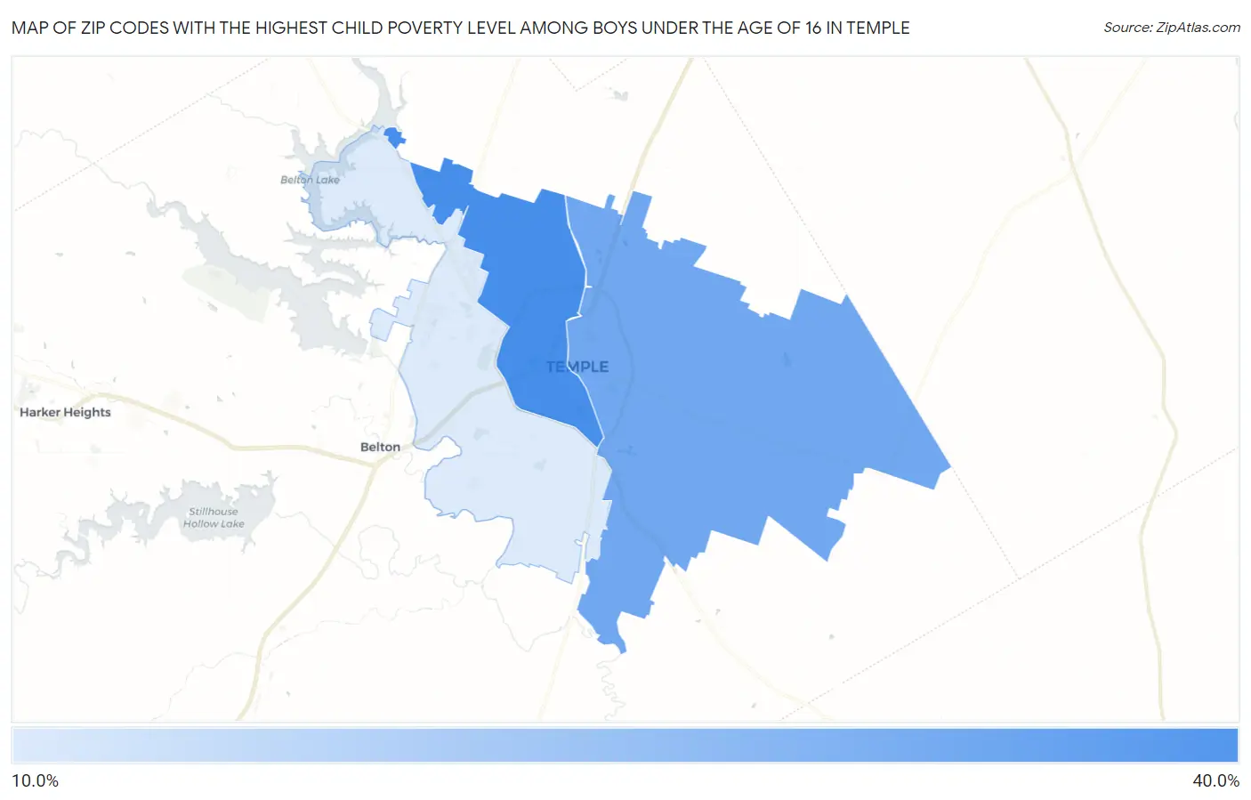 Zip Codes with the Highest Child Poverty Level Among Boys Under the Age of 16 in Temple Map