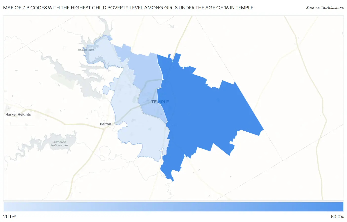 Zip Codes with the Highest Child Poverty Level Among Girls Under the Age of 16 in Temple Map