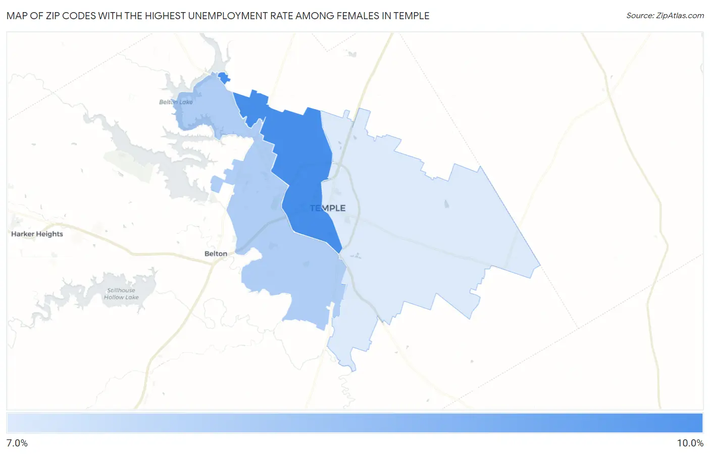 Zip Codes with the Highest Unemployment Rate Among Females in Temple Map