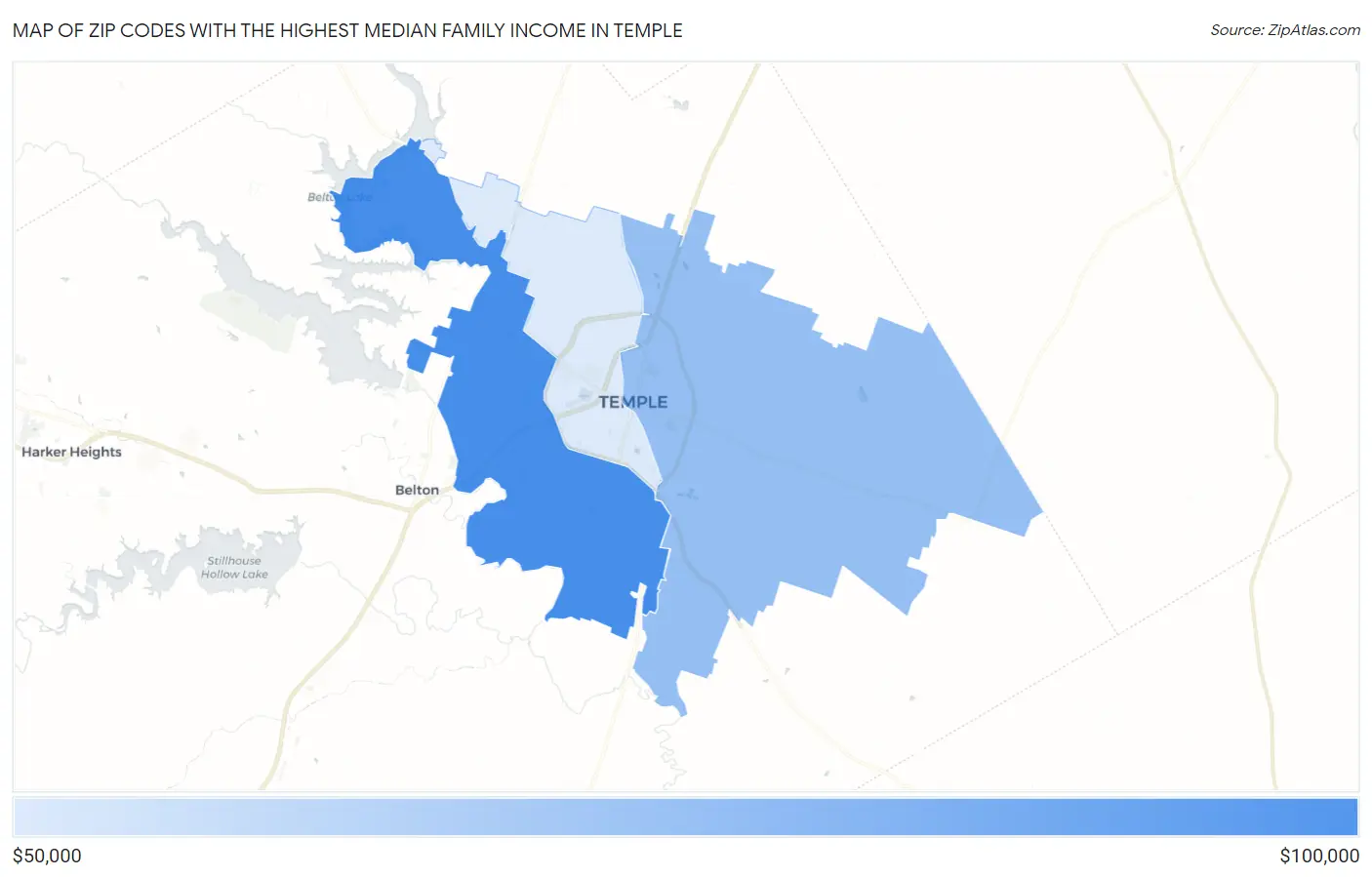 Zip Codes with the Highest Median Family Income in Temple Map
