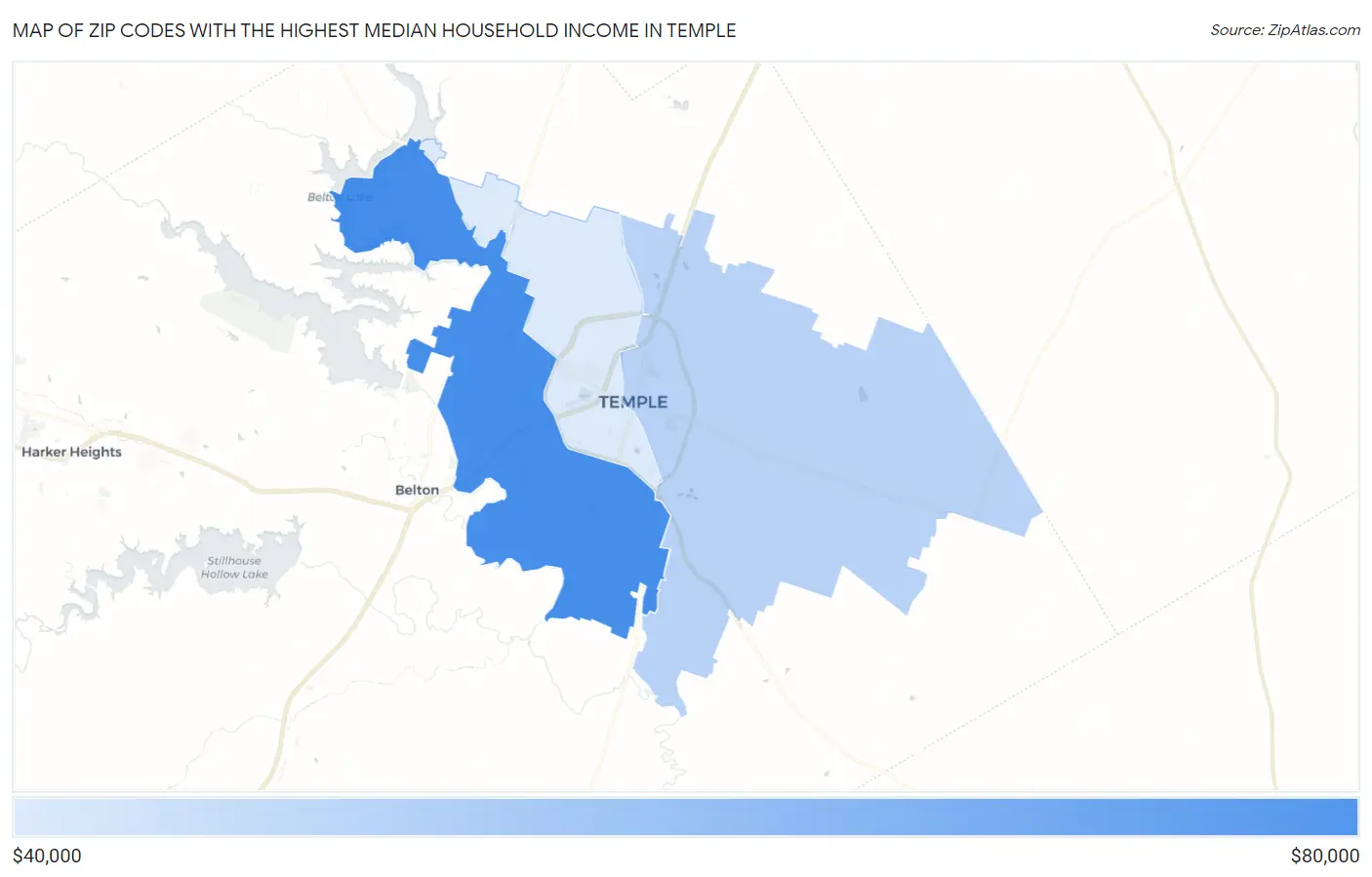 Zip Codes with the Highest Median Household Income in Temple Map