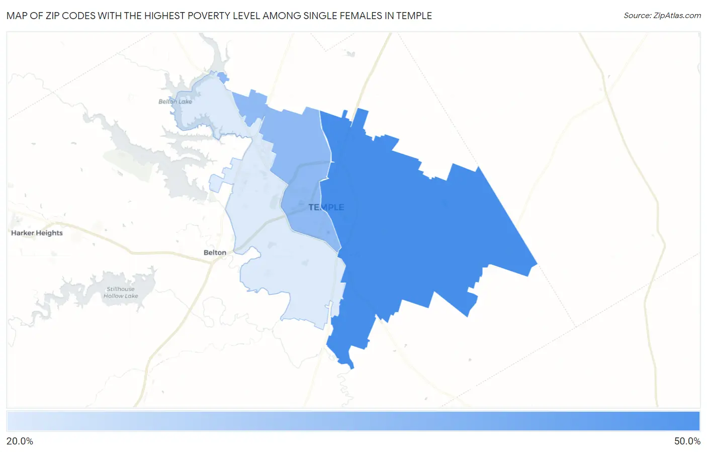 Zip Codes with the Highest Poverty Level Among Single Females in Temple Map