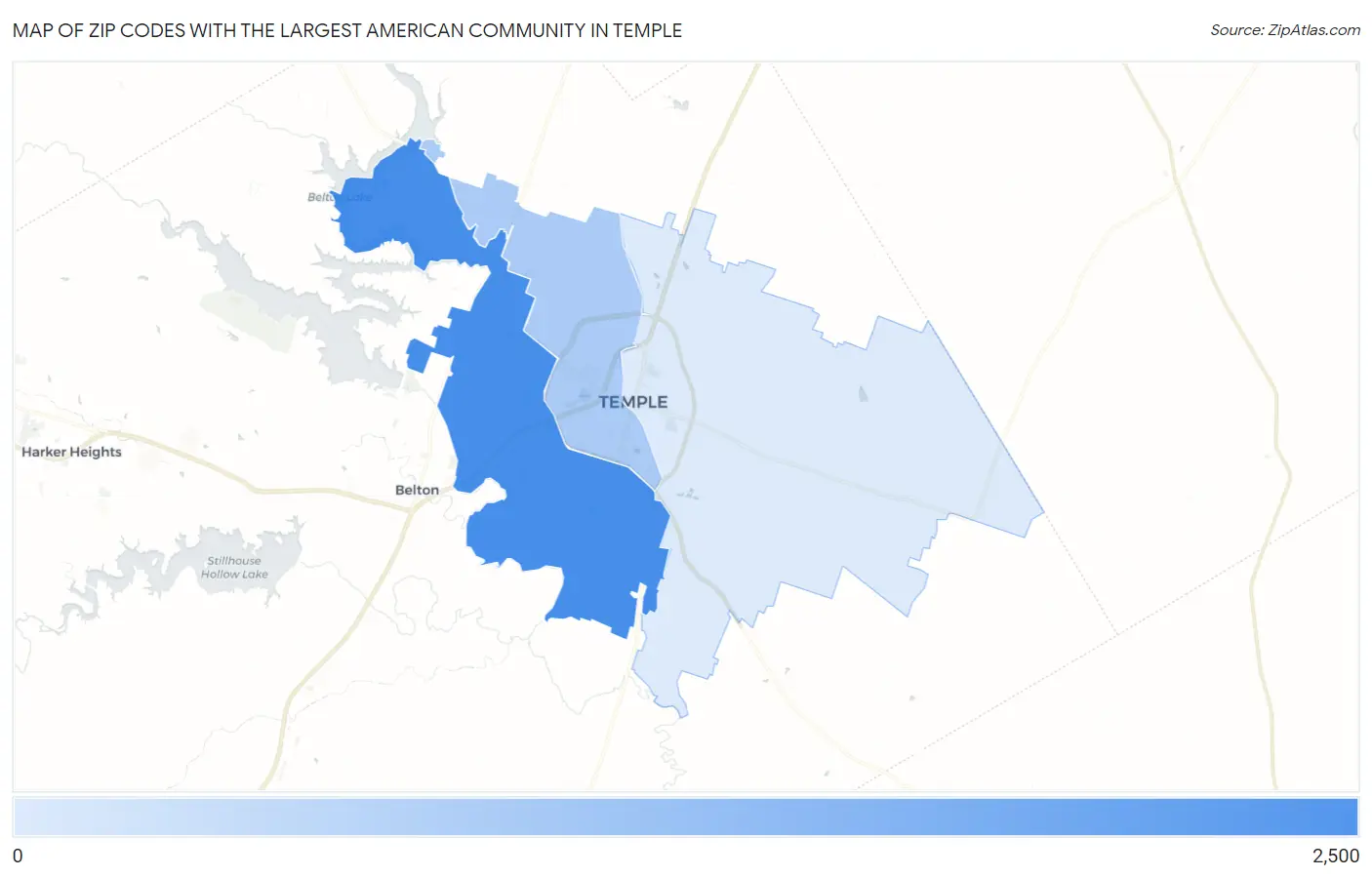Zip Codes with the Largest American Community in Temple Map