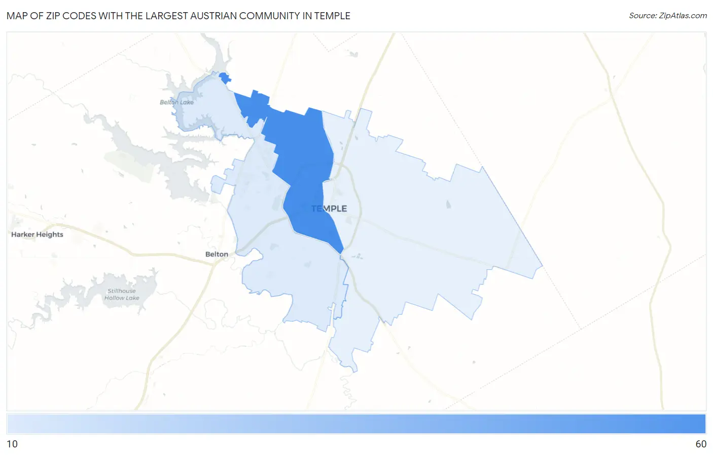 Zip Codes with the Largest Austrian Community in Temple Map