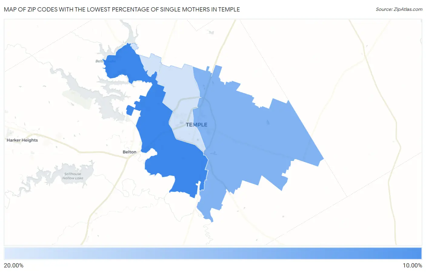 Zip Codes with the Lowest Percentage of Single Mothers in Temple Map