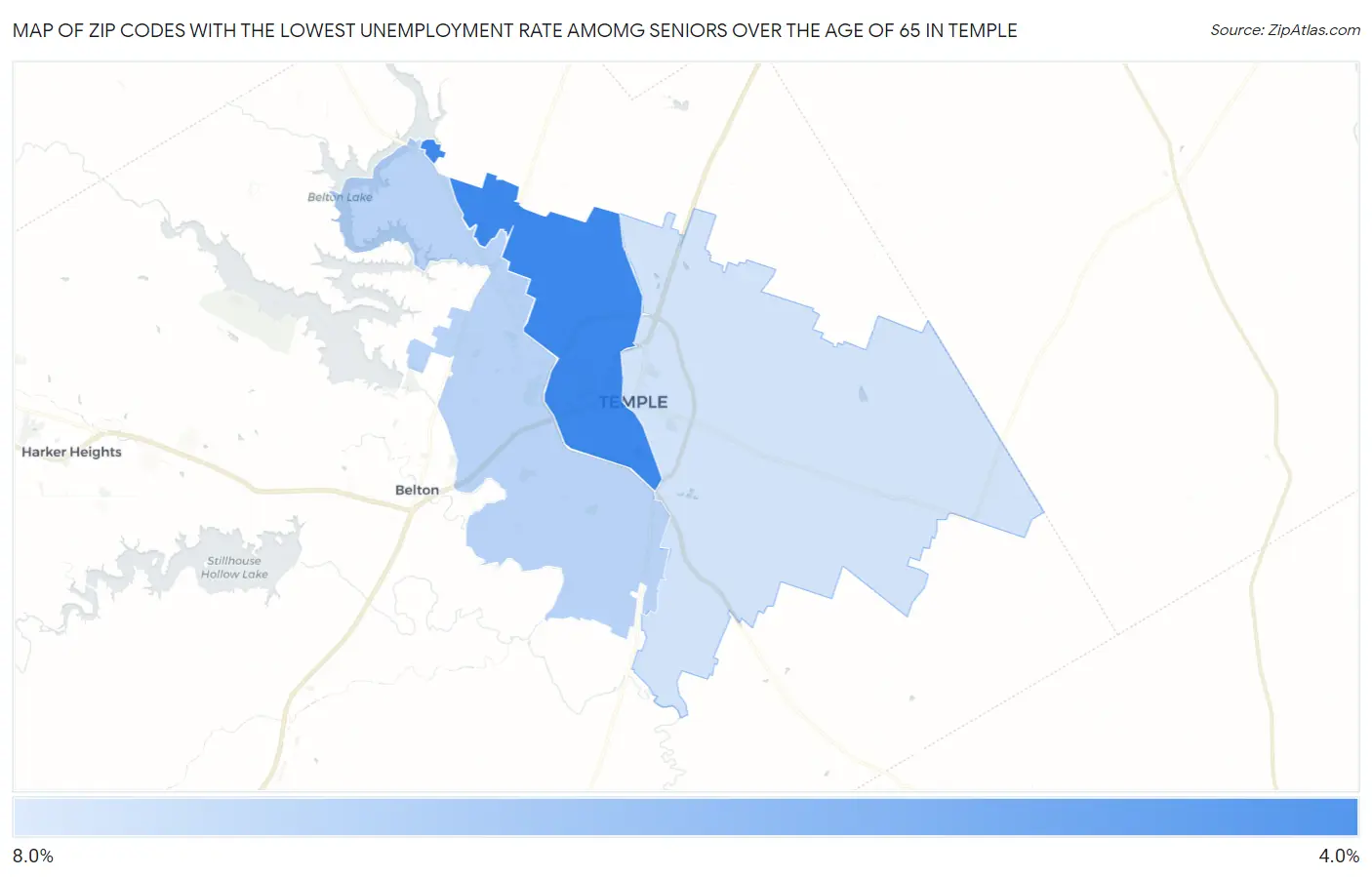 Zip Codes with the Lowest Unemployment Rate Amomg Seniors Over the Age of 65 in Temple Map