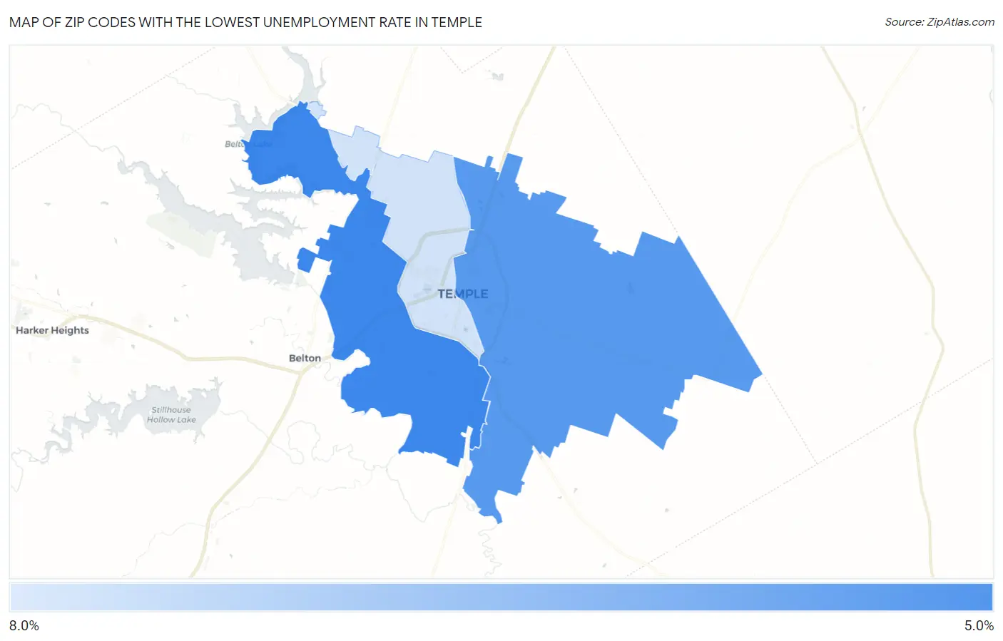 Zip Codes with the Lowest Unemployment Rate in Temple Map