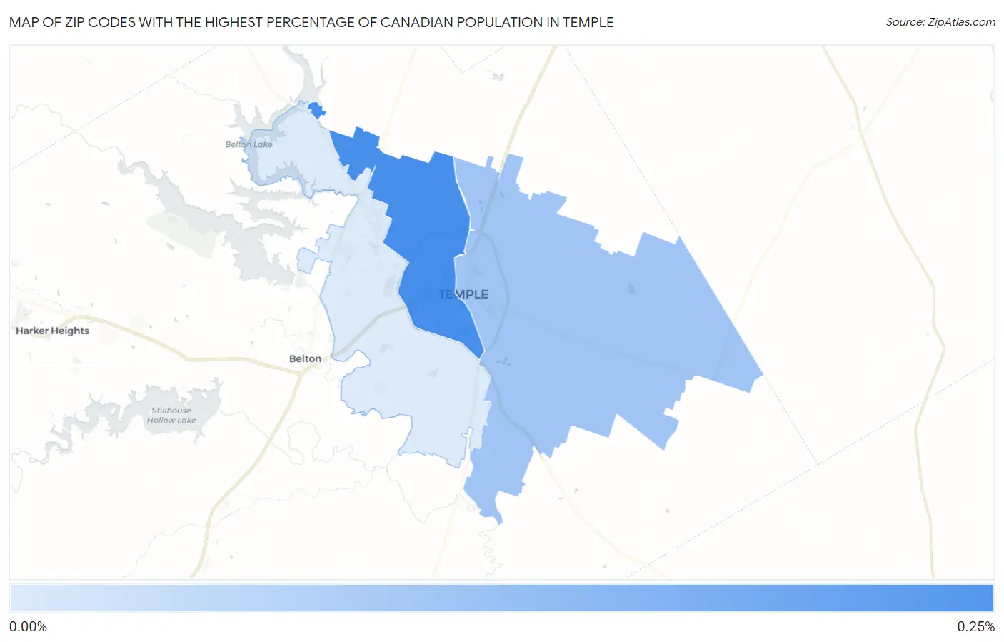 Zip Codes with the Highest Percentage of Canadian Population in Temple Map