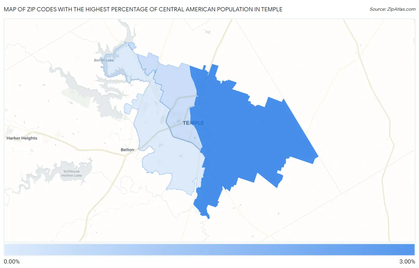 Zip Codes with the Highest Percentage of Central American Population in Temple Map
