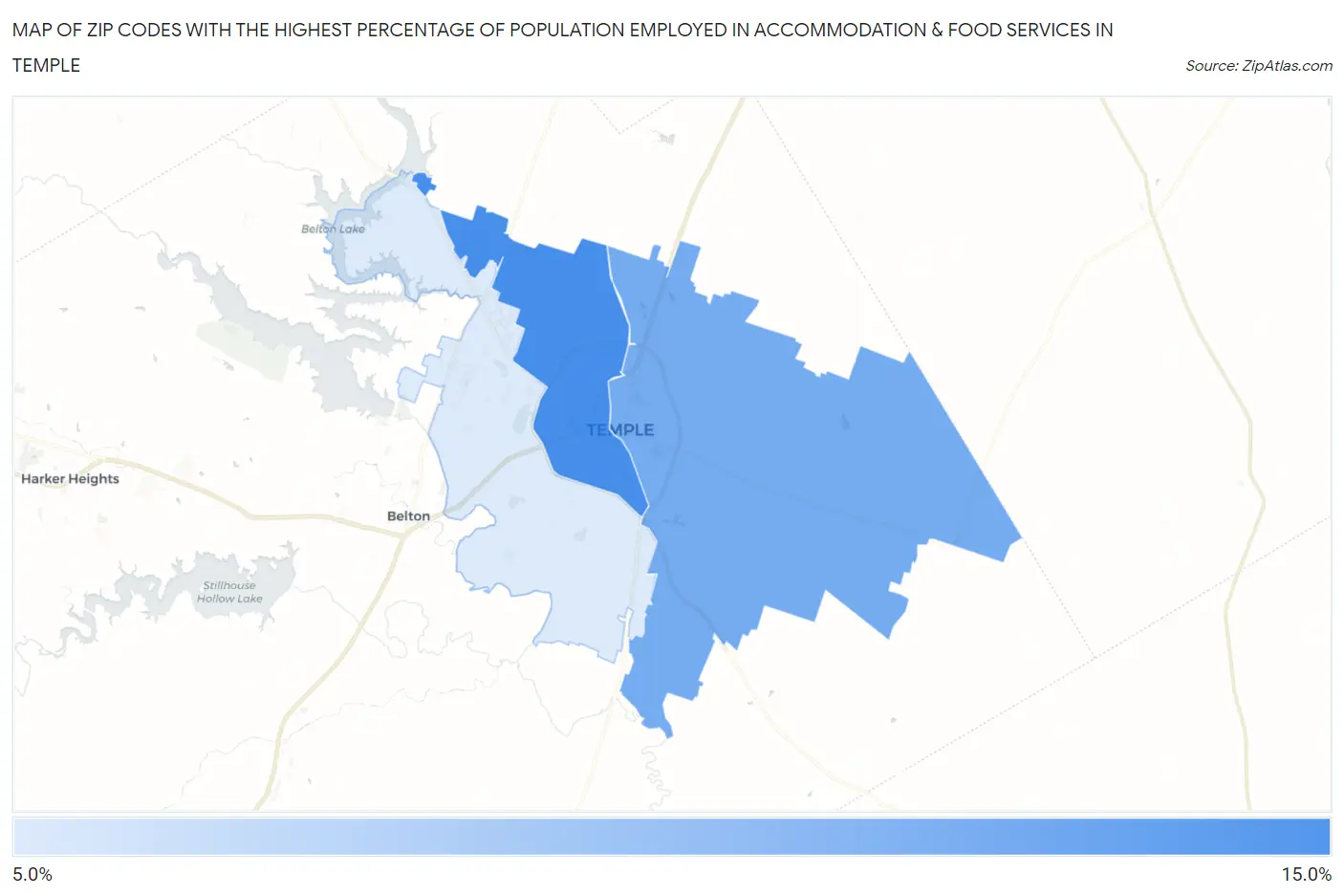 Zip Codes with the Highest Percentage of Population Employed in Accommodation & Food Services in Temple Map