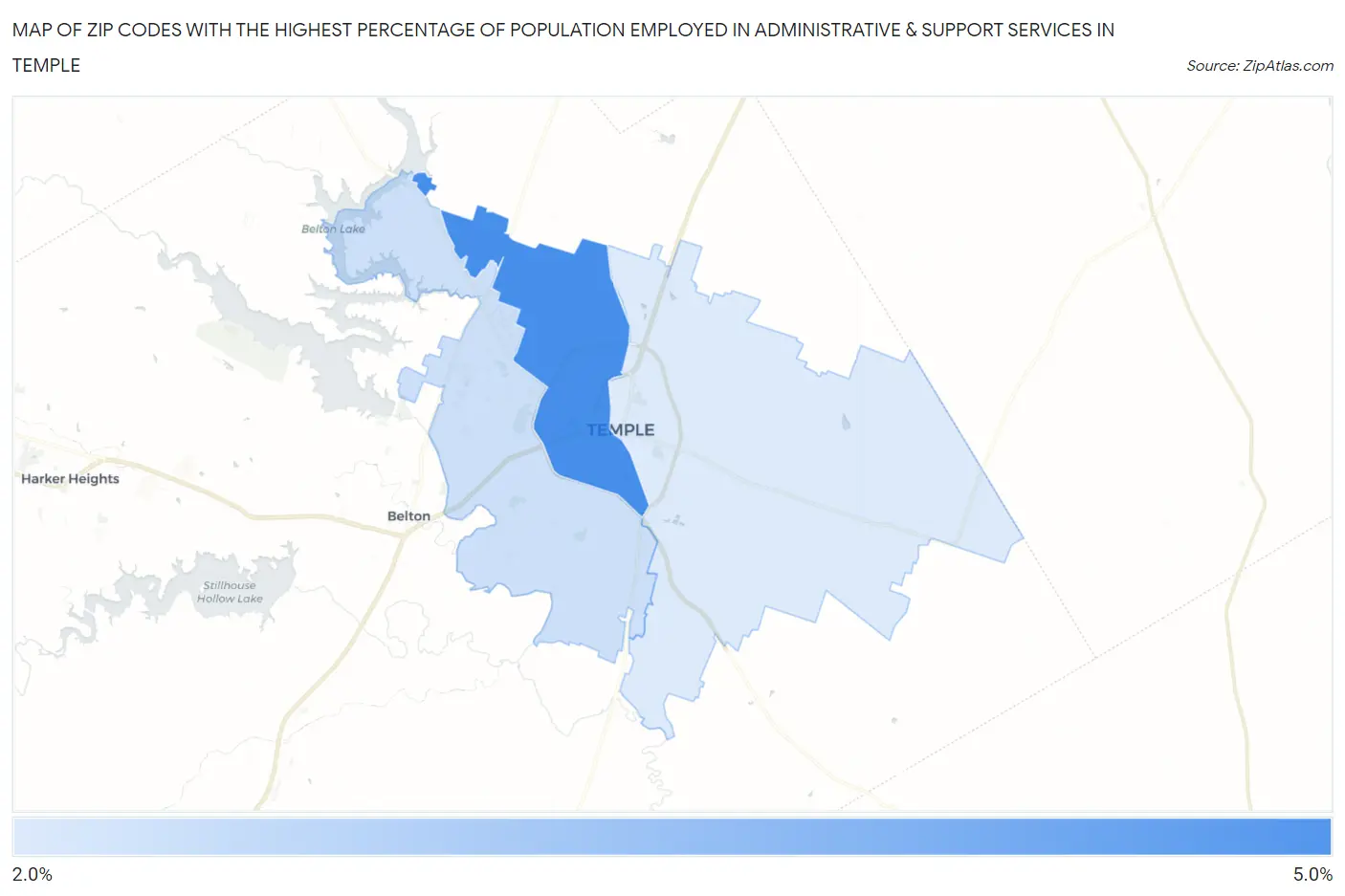 Zip Codes with the Highest Percentage of Population Employed in Administrative & Support Services in Temple Map