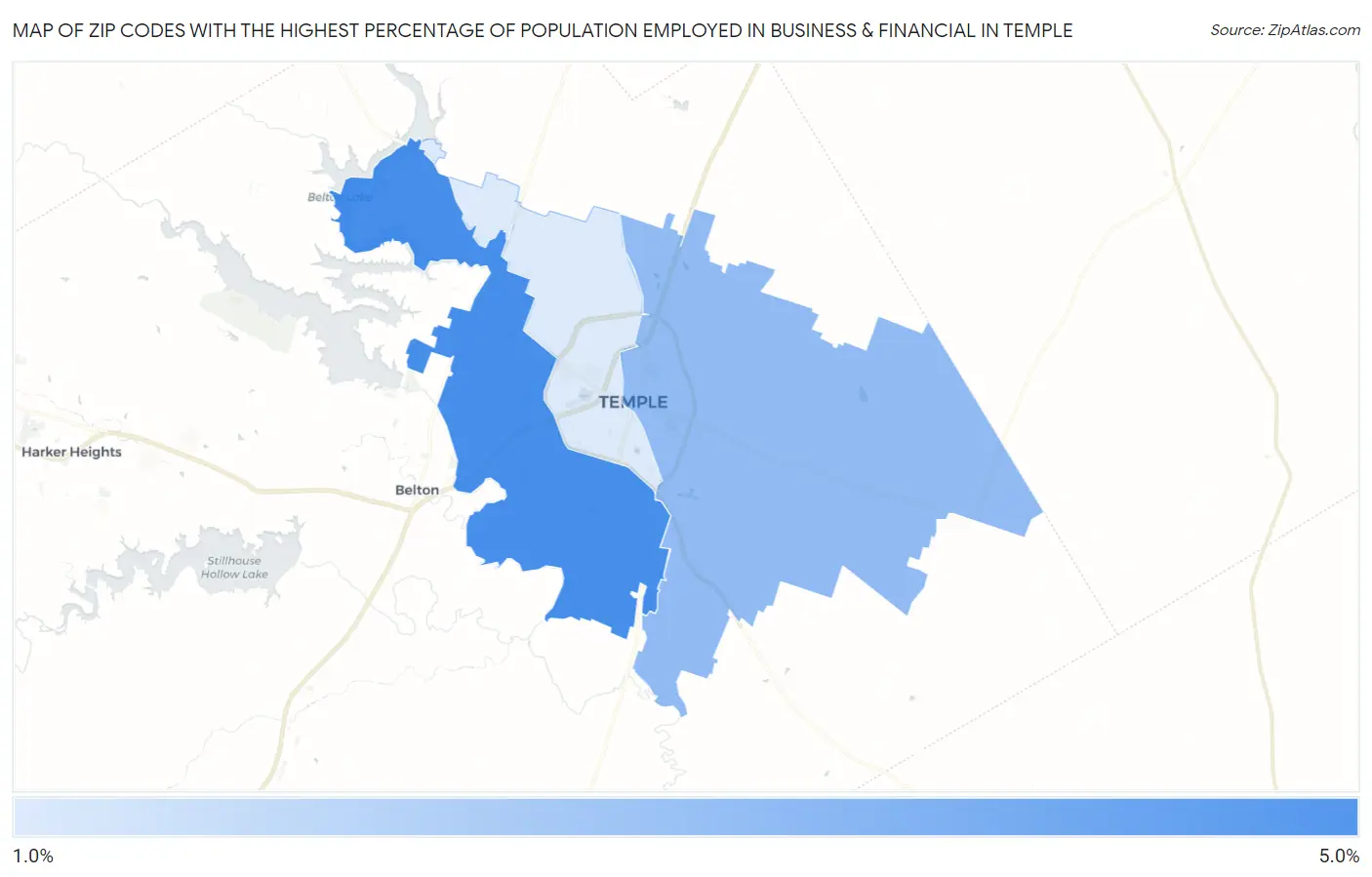 Zip Codes with the Highest Percentage of Population Employed in Business & Financial in Temple Map