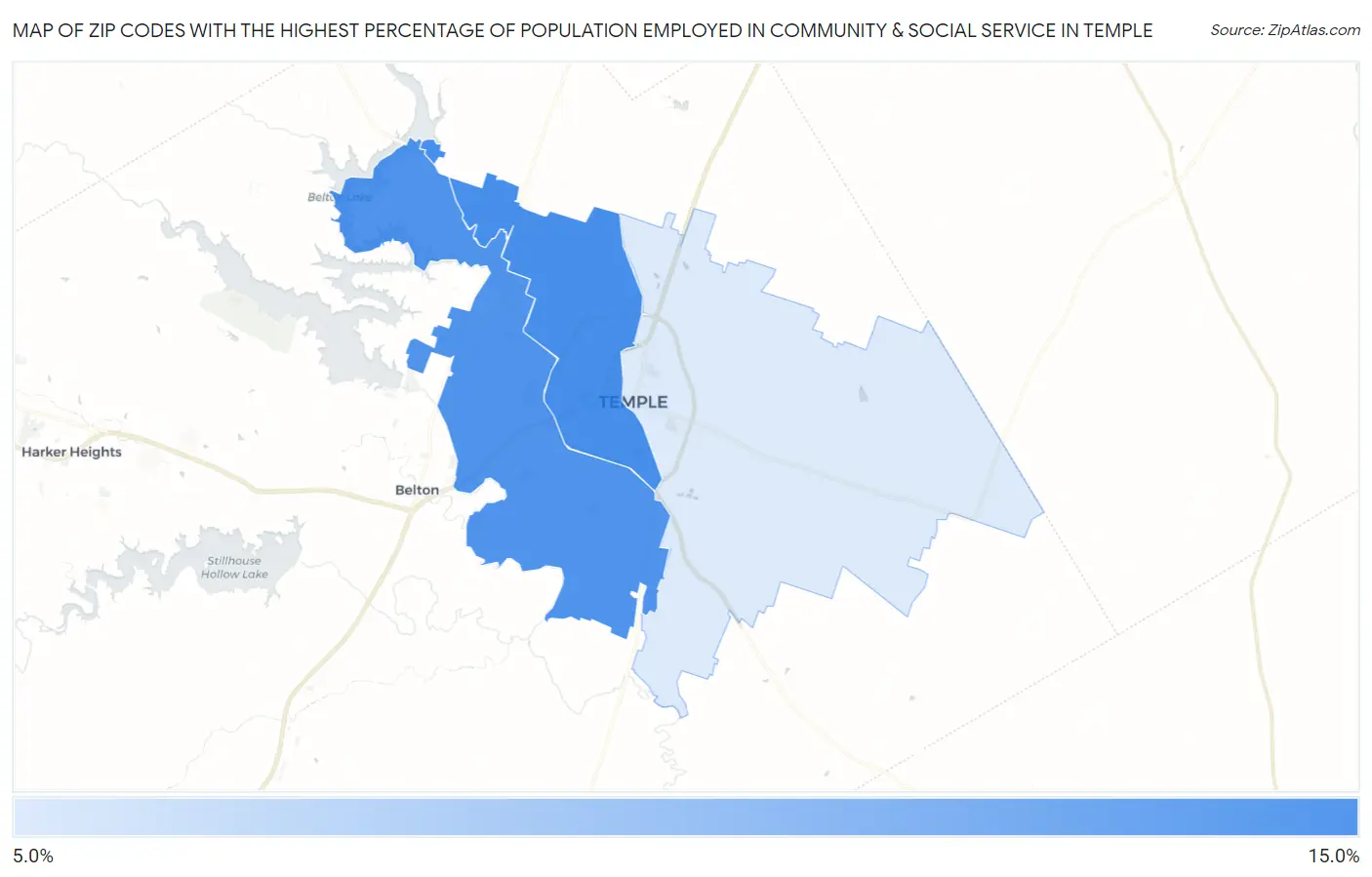 Zip Codes with the Highest Percentage of Population Employed in Community & Social Service  in Temple Map