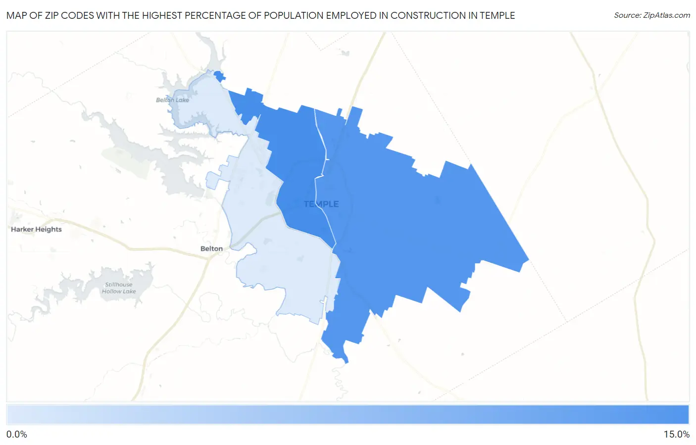 Zip Codes with the Highest Percentage of Population Employed in Construction in Temple Map