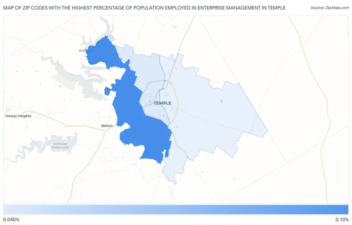 Zip Codes with the Highest Percentage of Population Employed in Enterprise Management in Temple Map