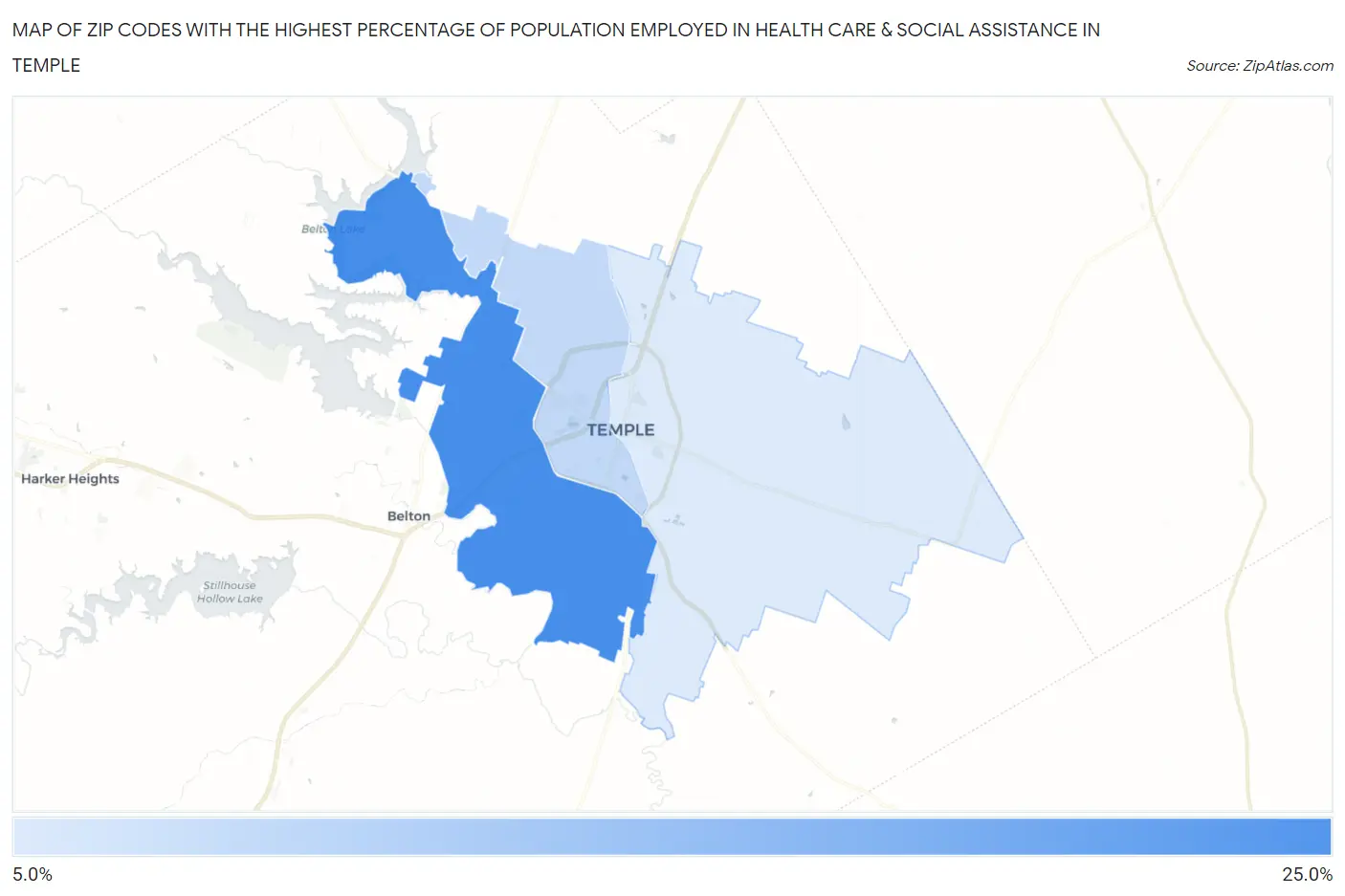 Zip Codes with the Highest Percentage of Population Employed in Health Care & Social Assistance in Temple Map
