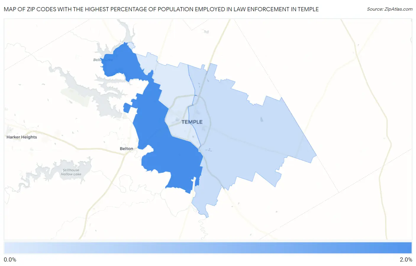 Zip Codes with the Highest Percentage of Population Employed in Law Enforcement in Temple Map