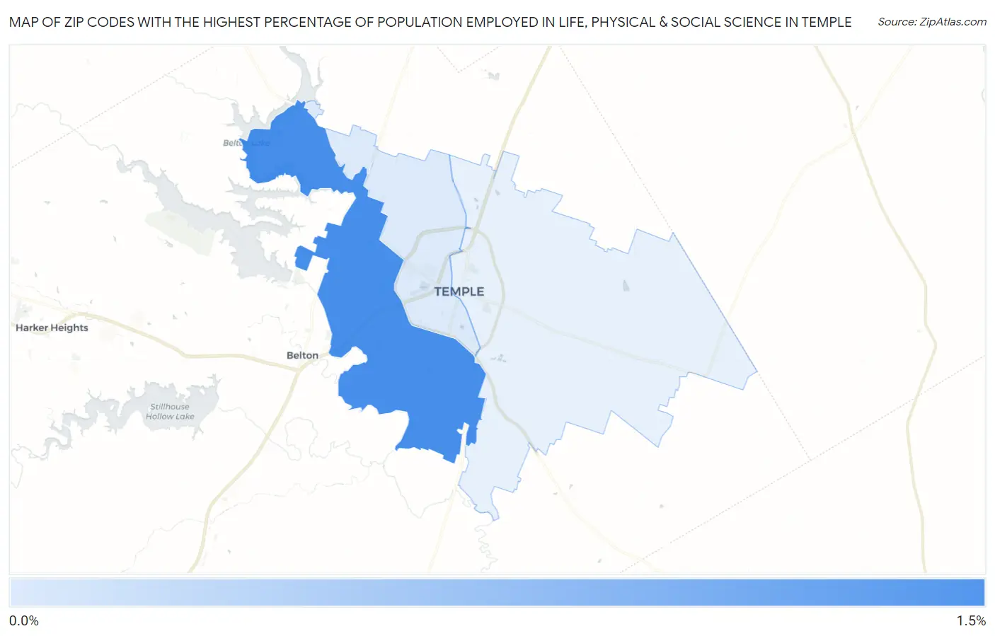 Zip Codes with the Highest Percentage of Population Employed in Life, Physical & Social Science in Temple Map