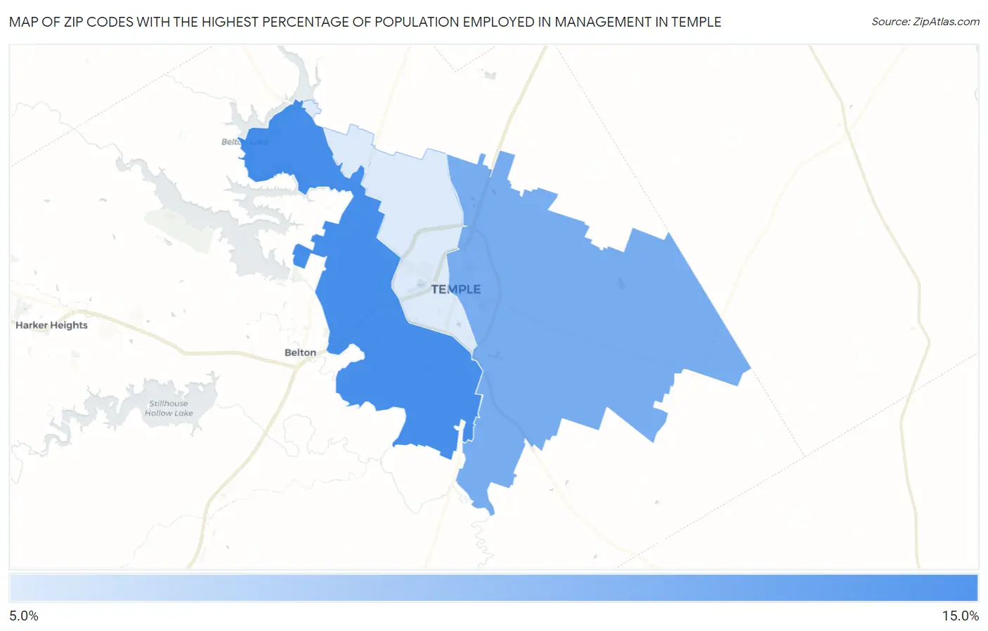 Zip Codes with the Highest Percentage of Population Employed in Management in Temple Map