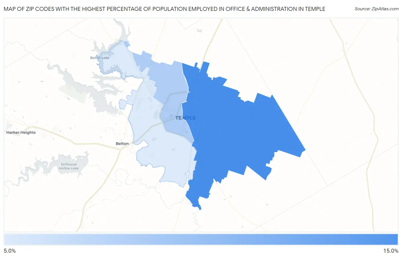 Zip Codes with the Highest Percentage of Population Employed in Office & Administration in Temple Map