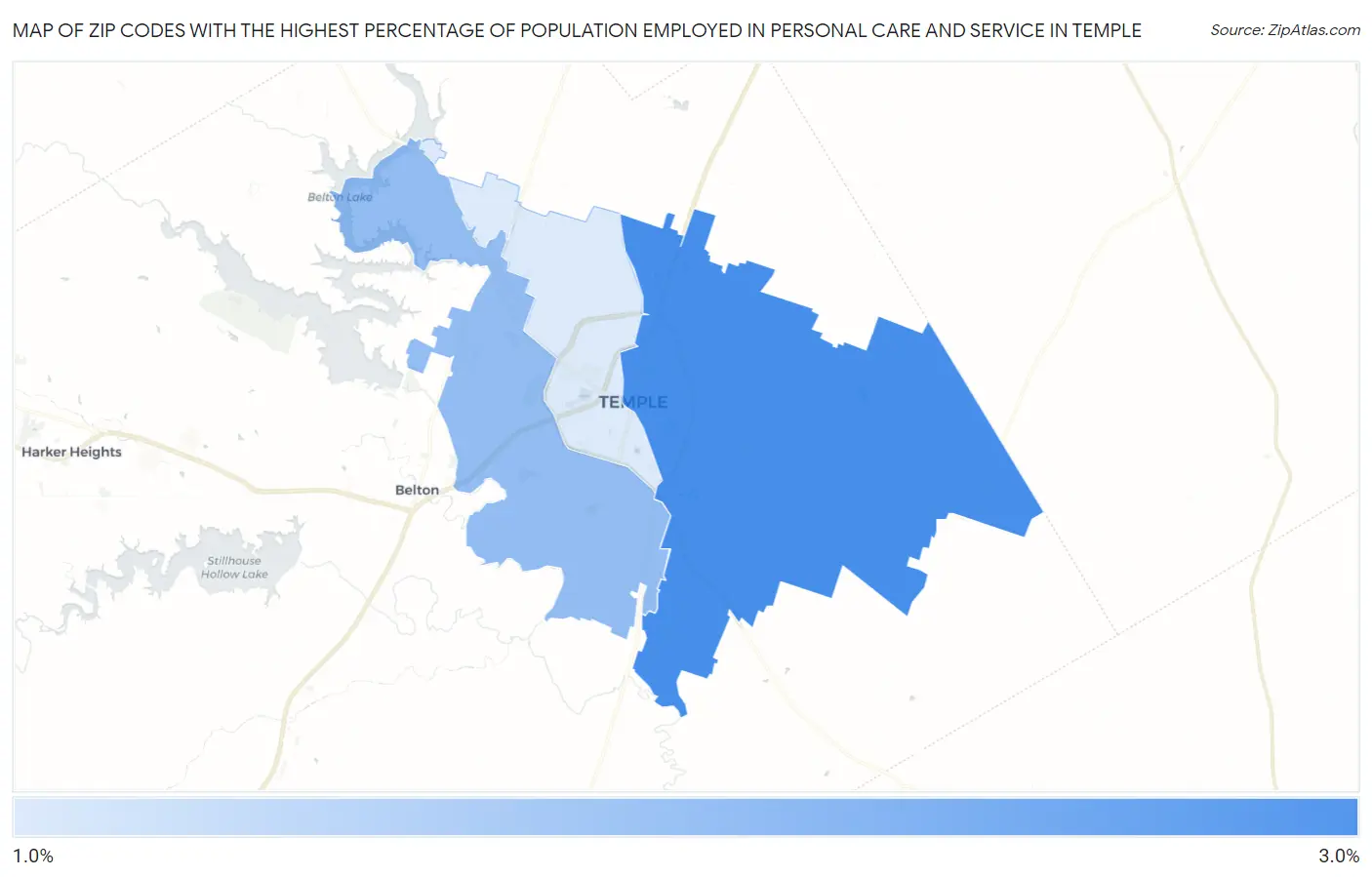 Zip Codes with the Highest Percentage of Population Employed in Personal Care and Service in Temple Map