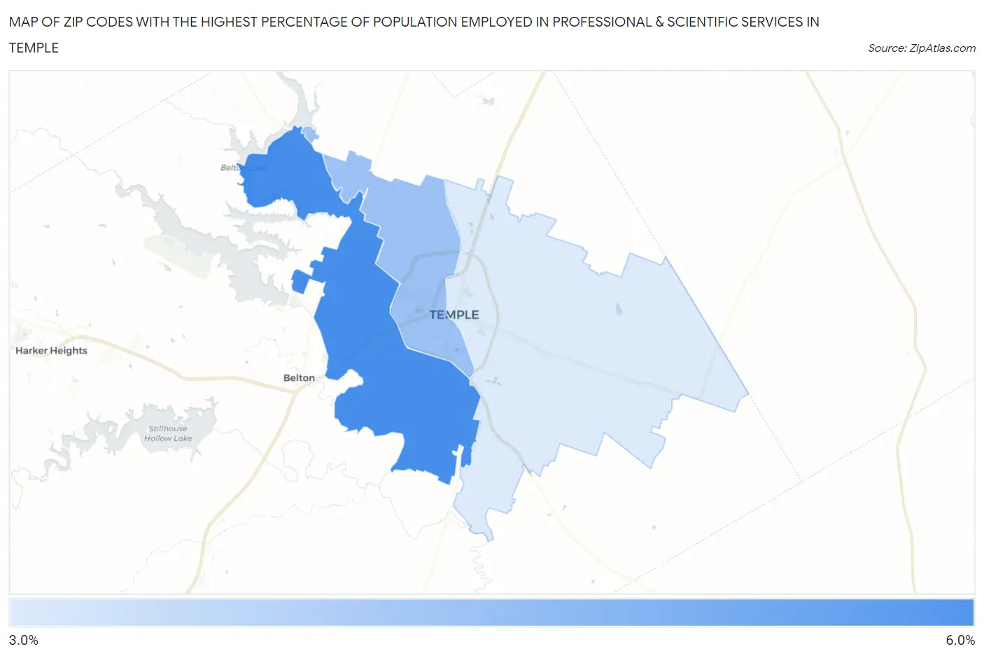 Zip Codes with the Highest Percentage of Population Employed in Professional & Scientific Services in Temple Map