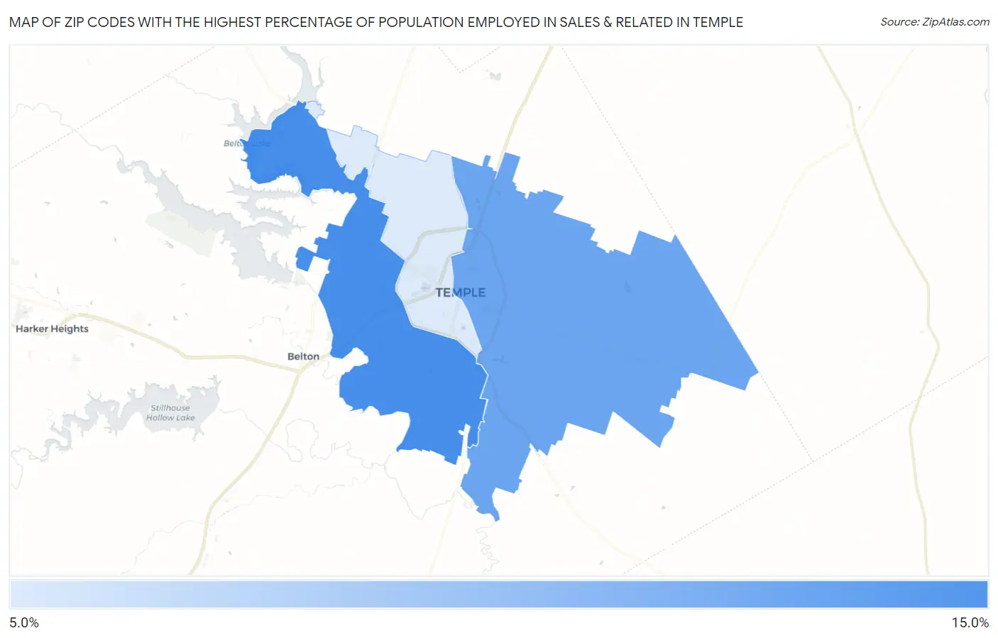 Zip Codes with the Highest Percentage of Population Employed in Sales & Related in Temple Map