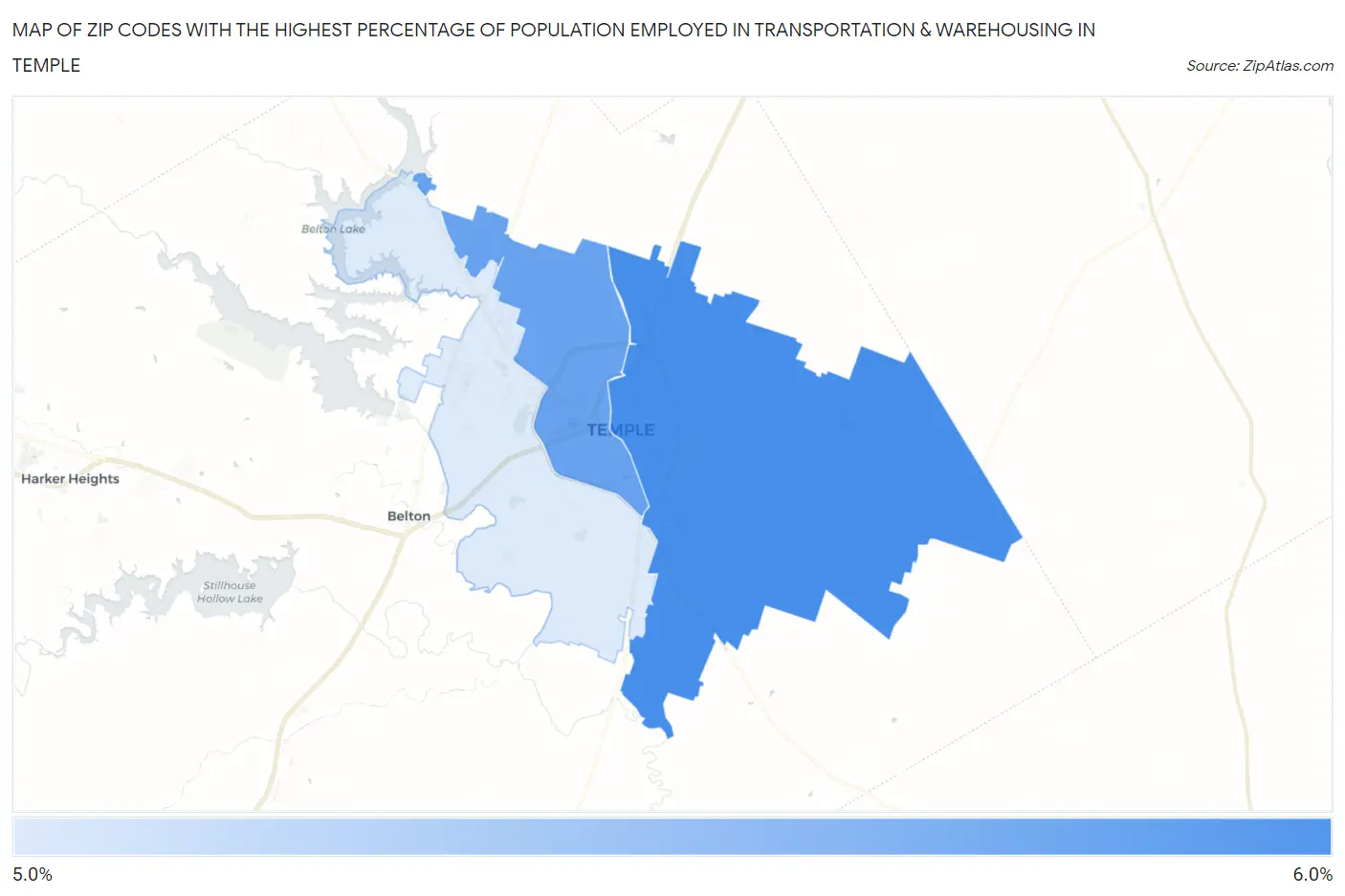 Zip Codes with the Highest Percentage of Population Employed in Transportation & Warehousing in Temple Map
