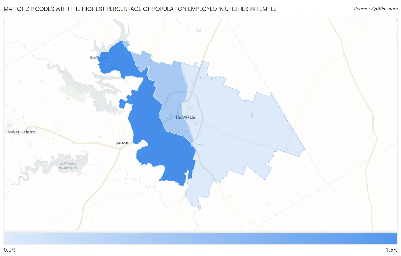 Zip Codes with the Highest Percentage of Population Employed in Utilities in Temple Map