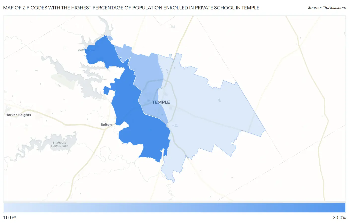Zip Codes with the Highest Percentage of Population Enrolled in Private School in Temple Map