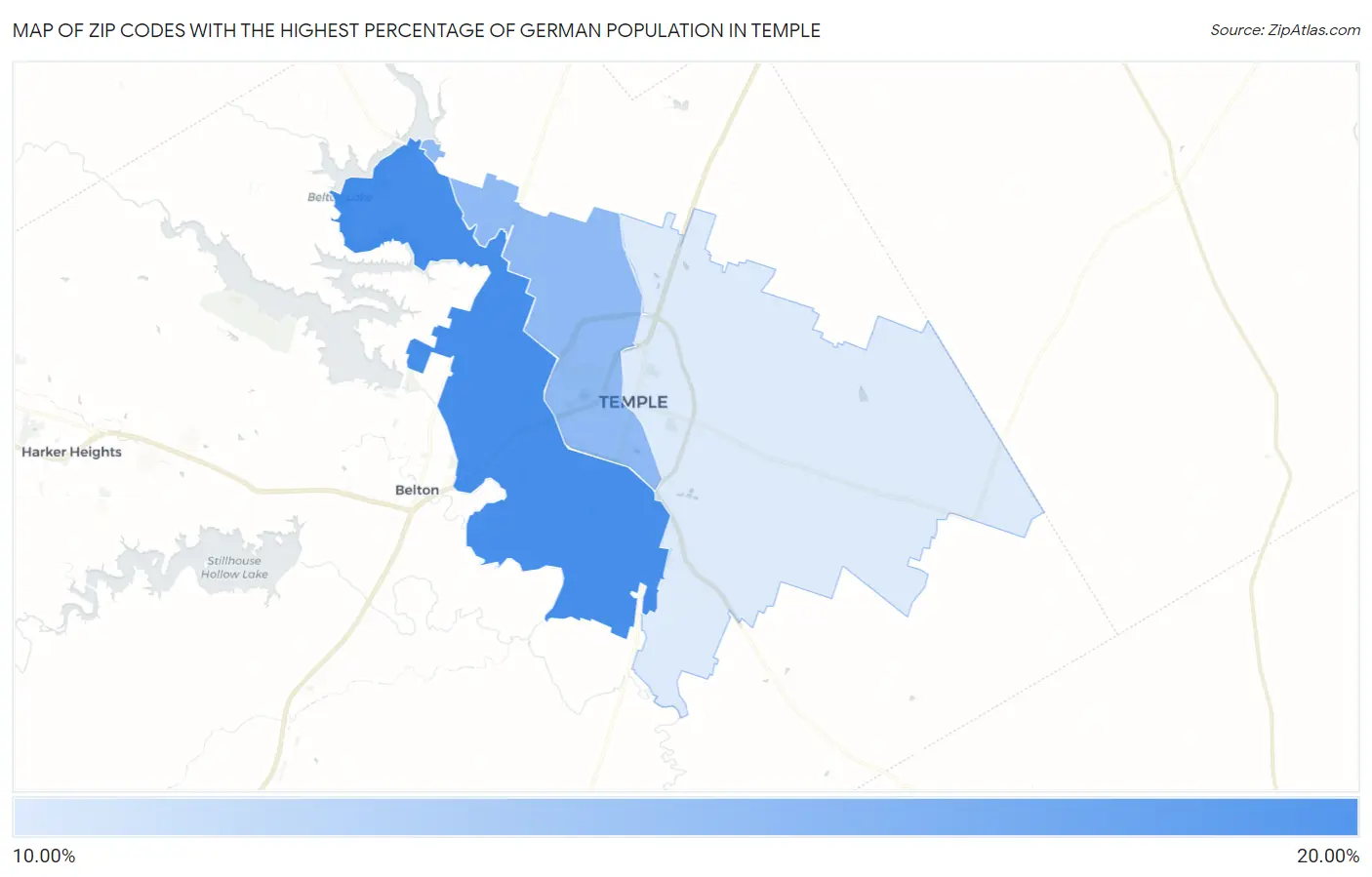 Zip Codes with the Highest Percentage of German Population in Temple Map