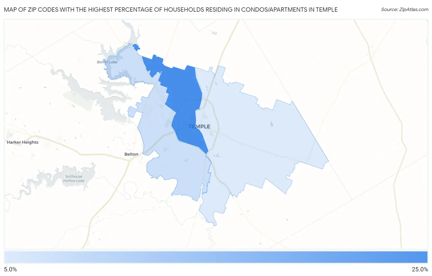 Zip Codes with the Highest Percentage of Households Residing in Condos/Apartments in Temple Map