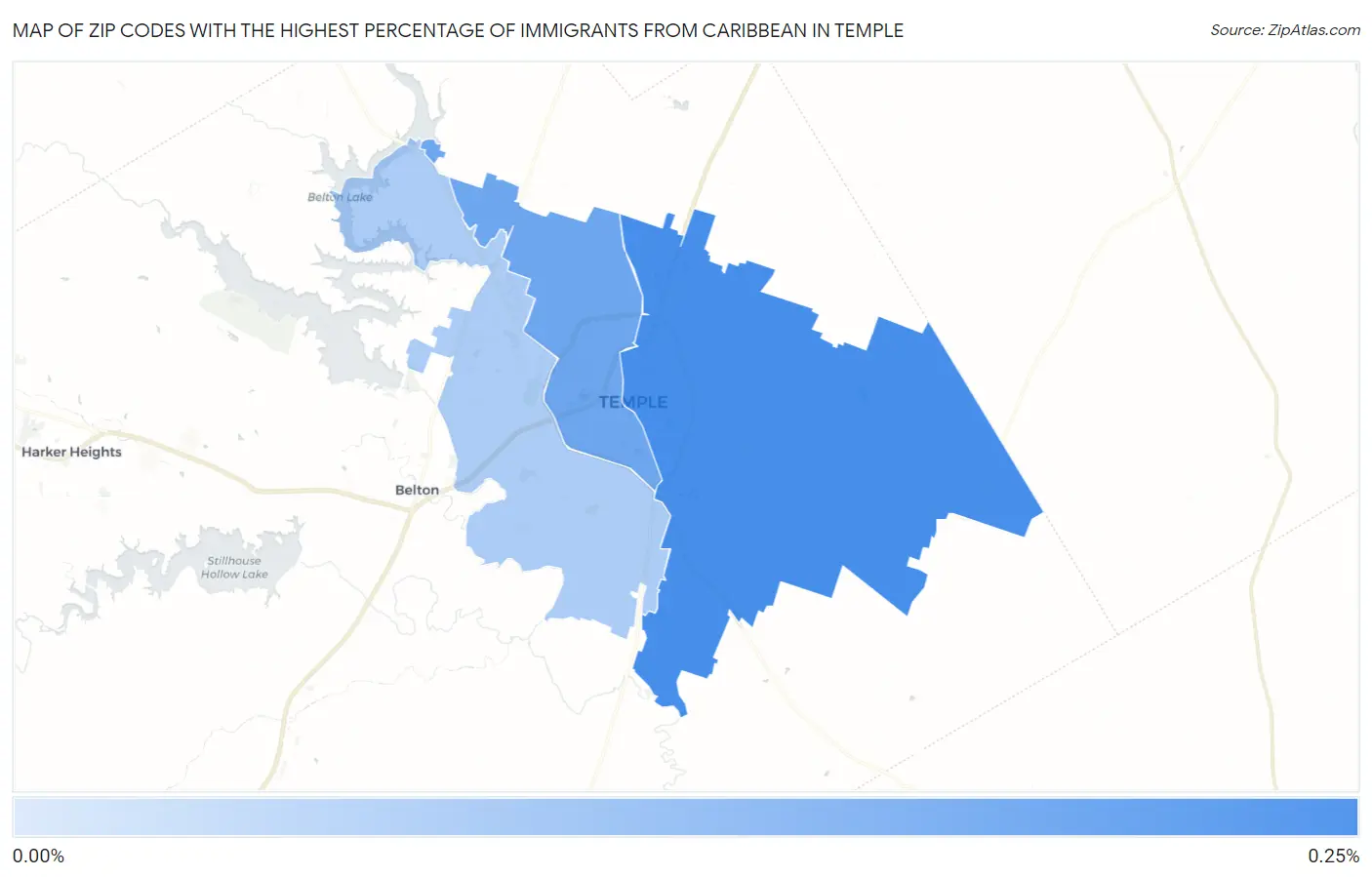 Zip Codes with the Highest Percentage of Immigrants from Caribbean in Temple Map
