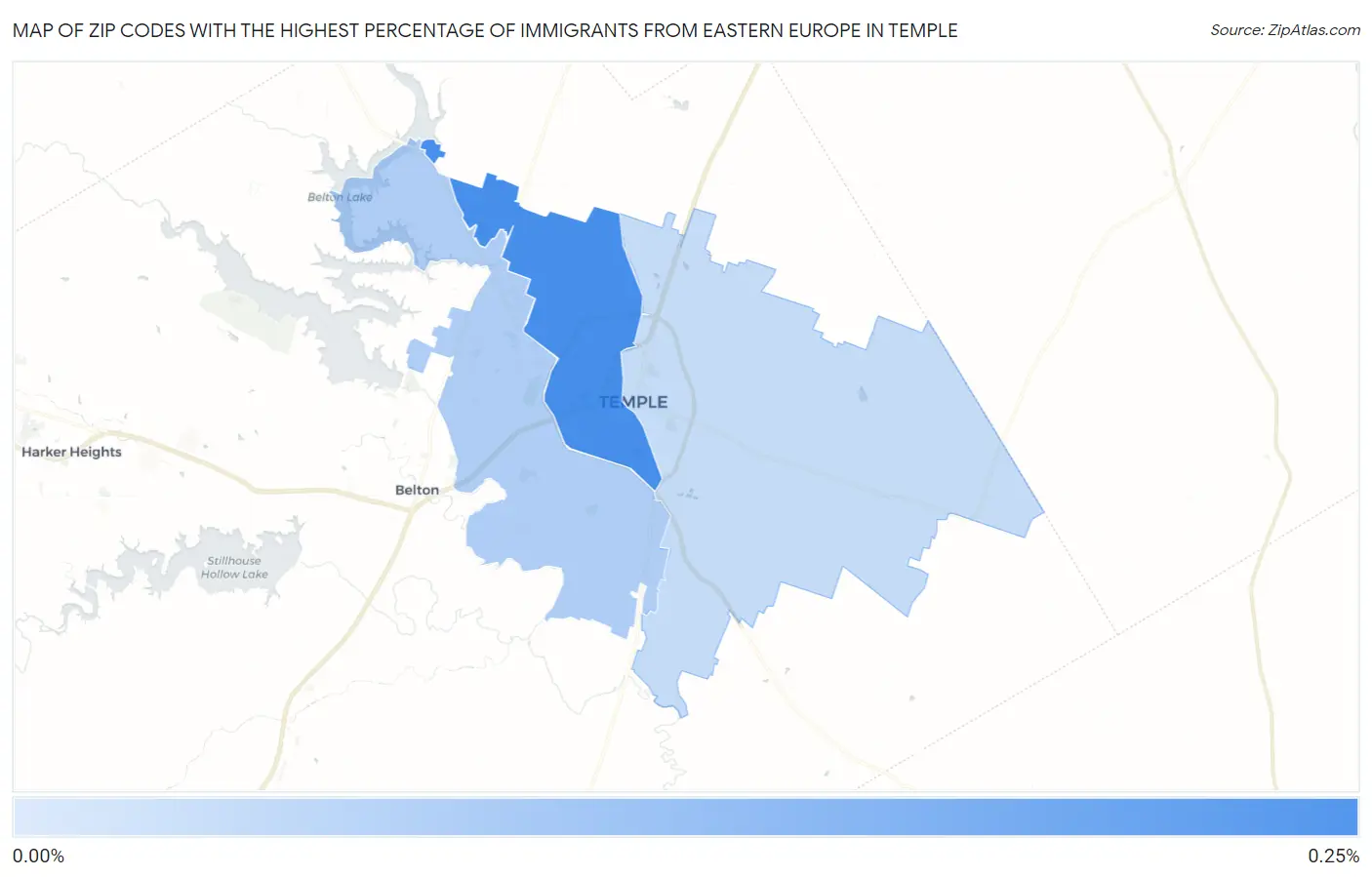 Zip Codes with the Highest Percentage of Immigrants from Eastern Europe in Temple Map