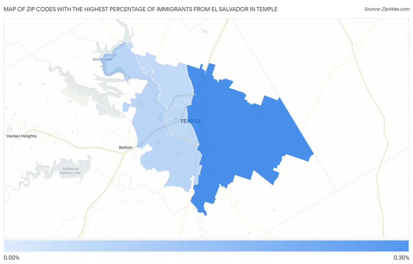 Zip Codes with the Highest Percentage of Immigrants from El Salvador in Temple Map