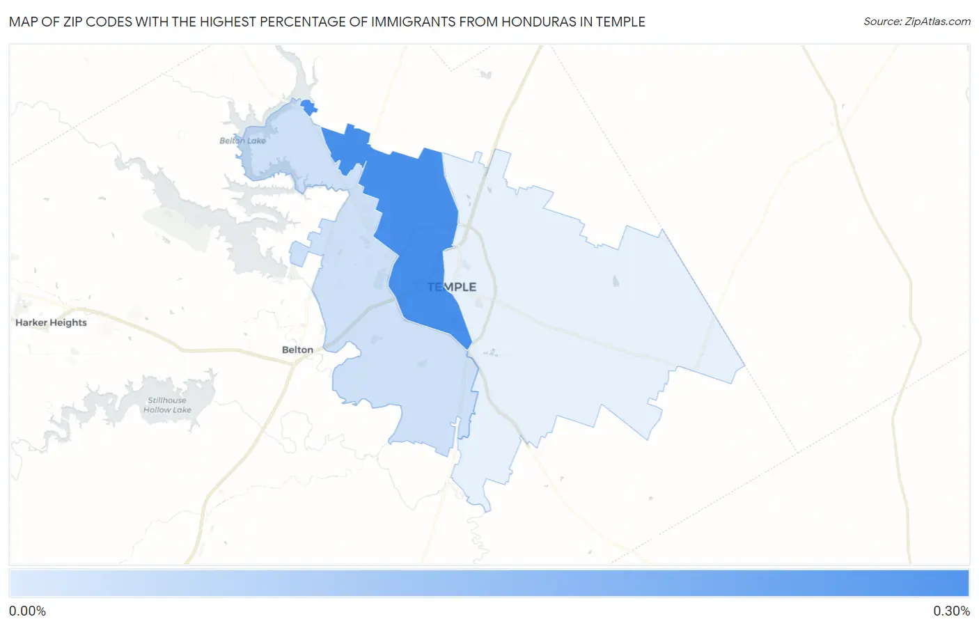 Zip Codes with the Highest Percentage of Immigrants from Honduras in Temple Map