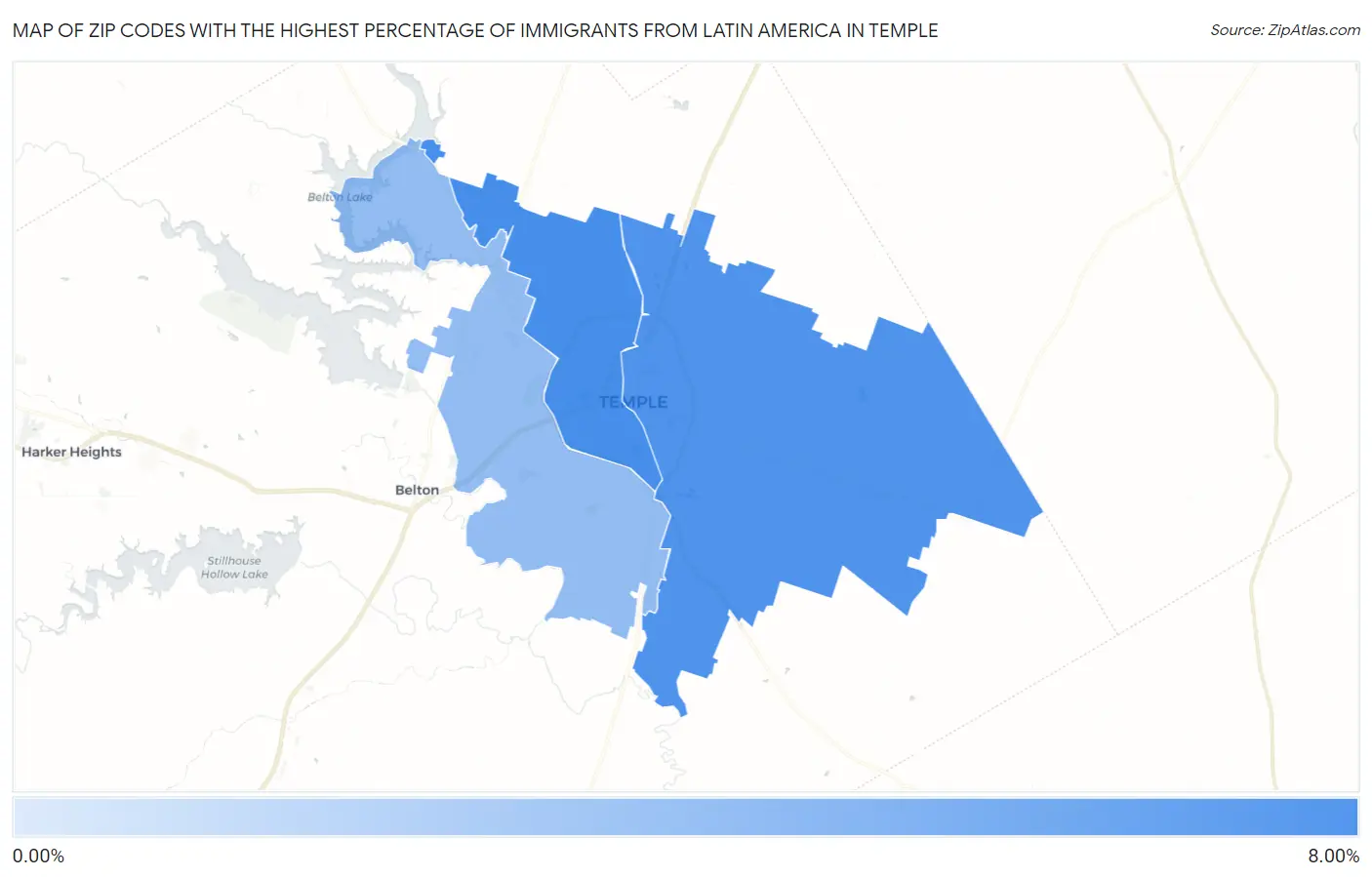 Zip Codes with the Highest Percentage of Immigrants from Latin America in Temple Map