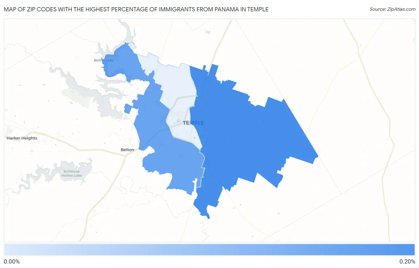 Zip Codes with the Highest Percentage of Immigrants from Panama in Temple Map
