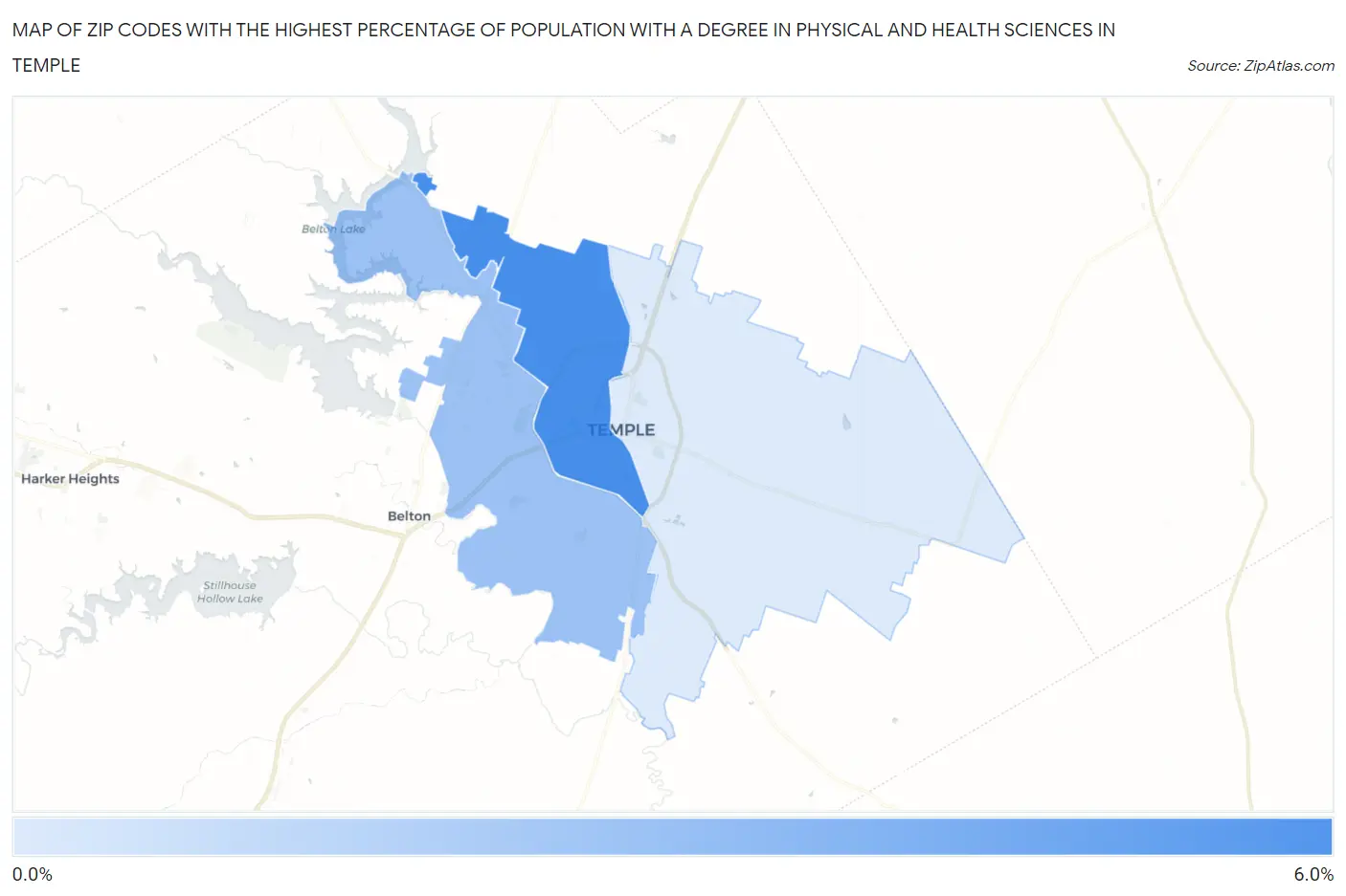 Zip Codes with the Highest Percentage of Population with a Degree in Physical and Health Sciences in Temple Map