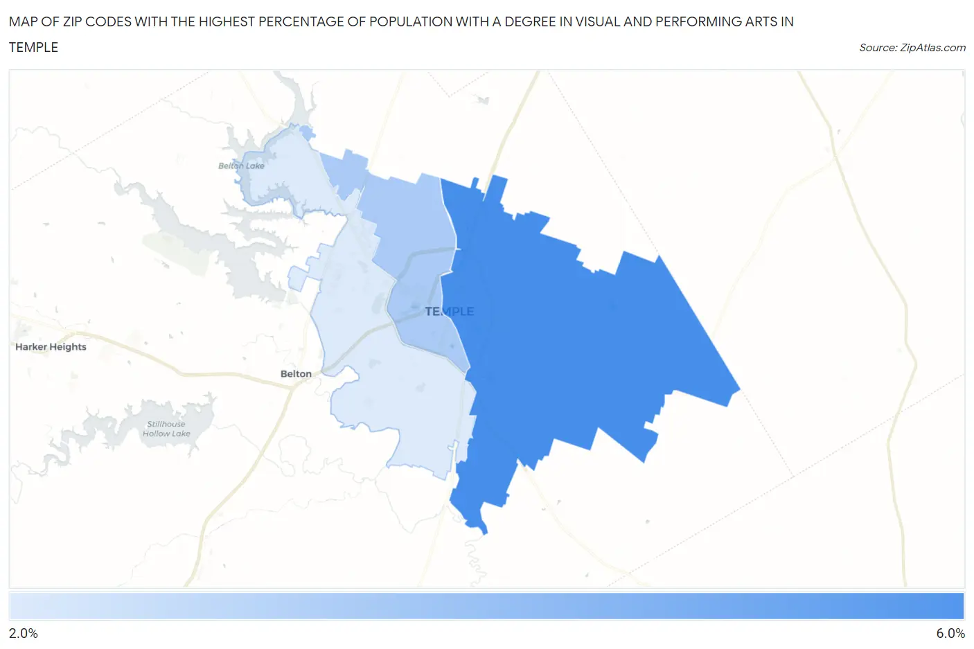 Zip Codes with the Highest Percentage of Population with a Degree in Visual and Performing Arts in Temple Map