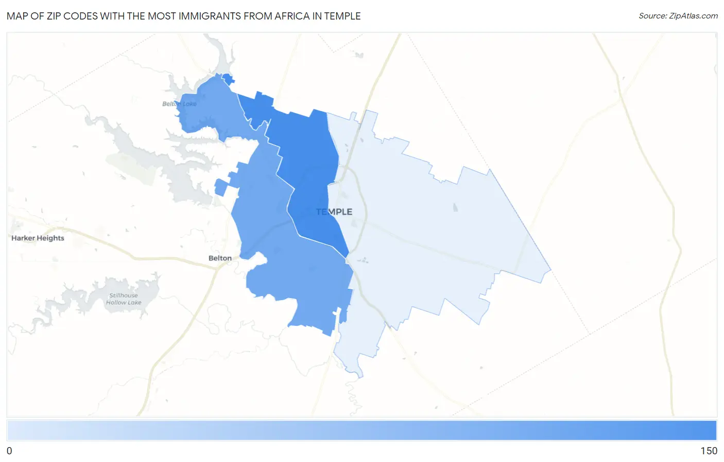 Zip Codes with the Most Immigrants from Africa in Temple Map